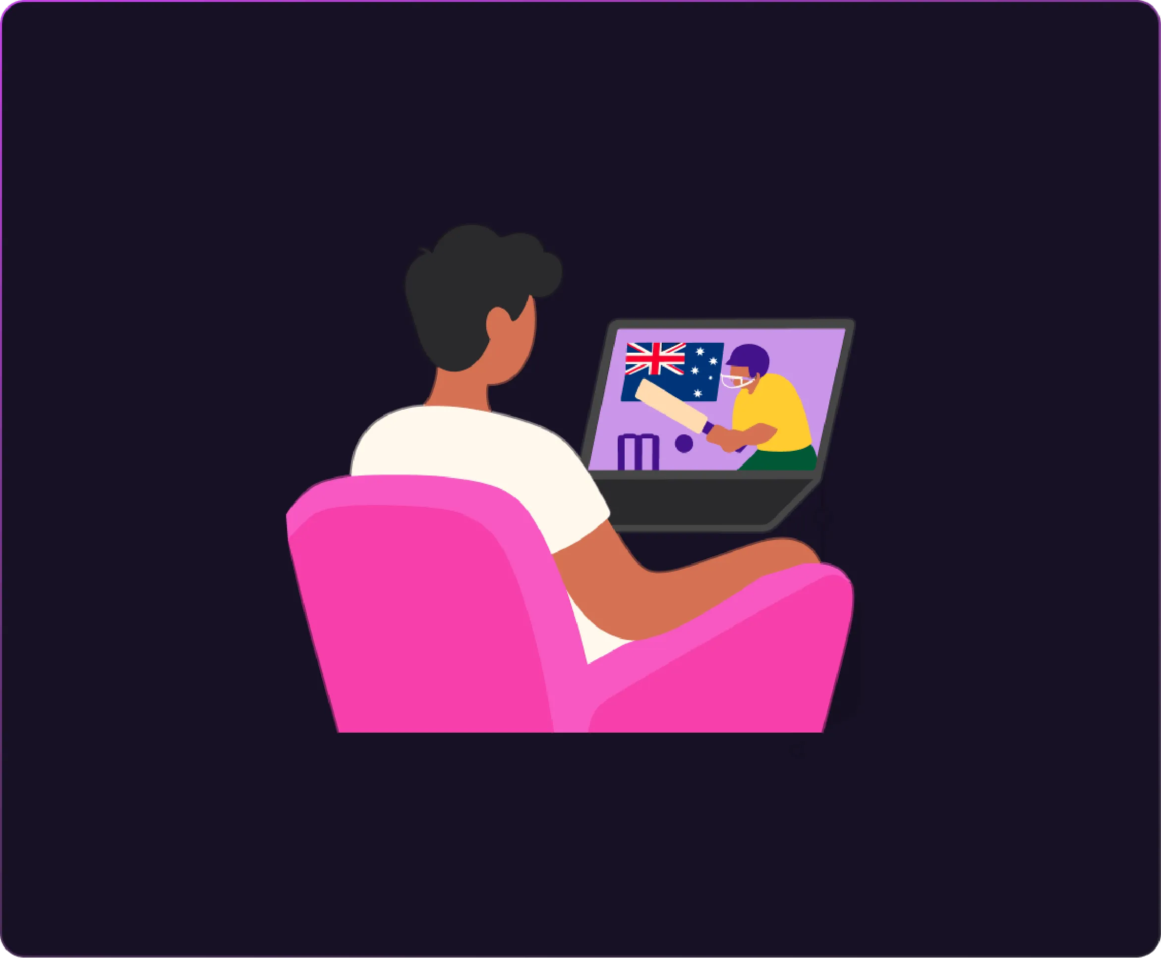 Illustration of a man watching a cricket match on a laptop, showing a batter with a cricket bat, wicket, and the Australian flag—representing cricket streaming from Australia.